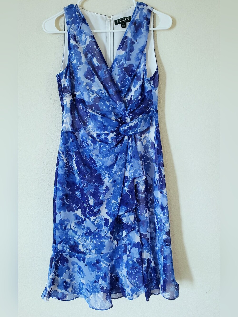 Ralph Lauren Sleeveless Blue Floral Print Faux-Wrap Dress, 4